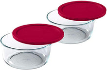 Load image into Gallery viewer, Pyrex Storage 7 Cup Round Dish, Clear with Maroon Color Plastic Lids