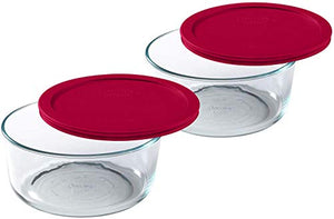 Pyrex Storage 7 Cup Round Dish, Clear with Maroon Color Plastic Lids