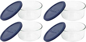 Pyrex Storage 4-Cup Round Dish with Dark Blue Plastic Cover, Clear (Pack of 4 Containers)