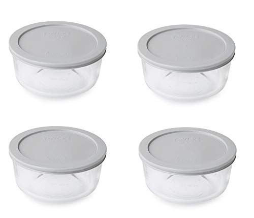 Pyrex Storage 4 Cup Round Dish, Clear with Grey Plastic Lids, Pack of 4 Containers