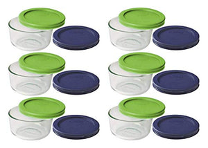 Pyrex Storage 1 Cup Round Dish, Clear with Lawn Green + Blue Lids, Pack of 6 Containers