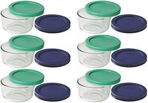 Pyrex Storage 1 Cup Round Dish, Clear with Green + Blue Lids, Pack of 6 Containers