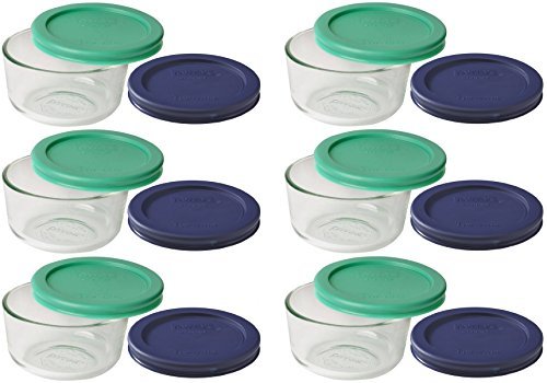 Pyrex Storage 1 Cup Round Dish, Clear with Green + Blue Lids, Pack of 6 Containers