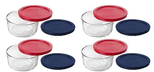 Pyrex Storage 4 Cup Round Dish, Clear with Red & Blue Lids, Pack of 4 Containers & 8 Lids