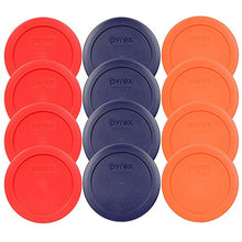 Load image into Gallery viewer, Pyrex 7200-PC 2 Cup (4) Red (4) Dark Blue (4) Orange Round Plastic Food Storage Lids - 12 Pack