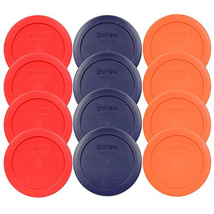 Pyrex 7200-PC 2 Cup (4) Red (4) Dark Blue (4) Orange Round Plastic Food Storage Lids - 12 Pack