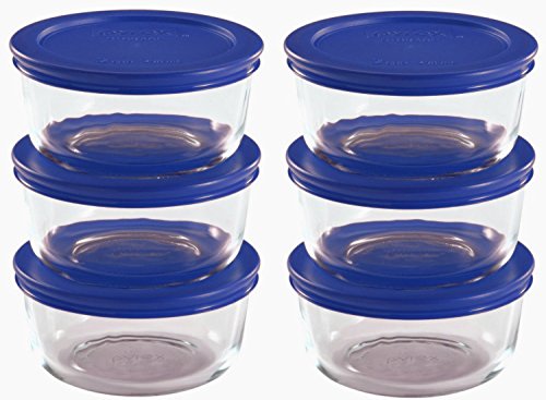 Pyrex Storage 2 Cup Round Dish, Clear with Blue Lid, Pack of 6 Containers,12-Piece