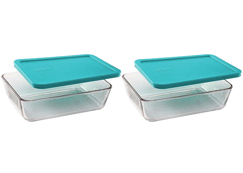 Pyrex Basics Clear Glass Food Storage Dishes, 2 (6-Cup) Oblong Dishes with Turquoise Plastic Lids