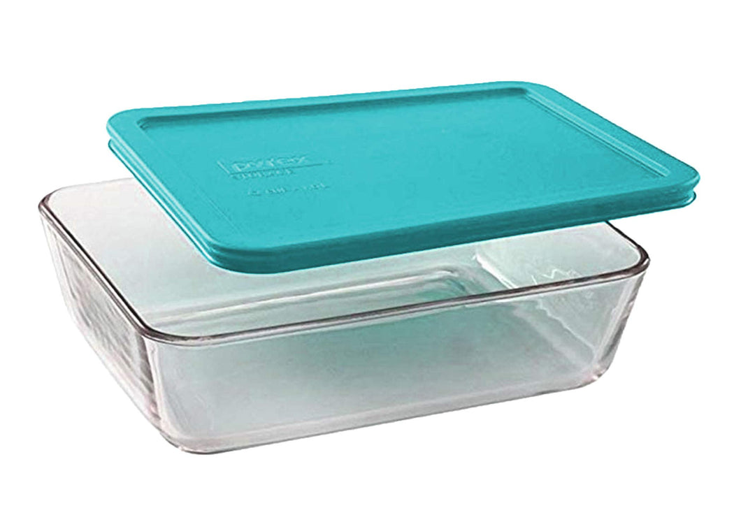 Pyrex Basics Clear Glass Food Storage Dishes, 1 (6-Cup) Oblong Dish with Turquoise Plastic Lid