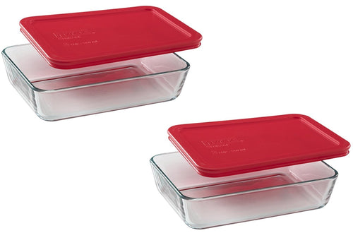 Pyrex COMINHKR082745 3-Cup Rectangle Food Storage, Pack of 2 Containers, Box of 2, Clear, Red Cover