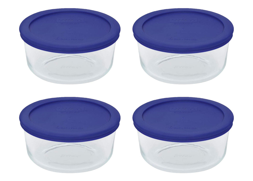 Pyrex Storage 4-Cup Round Dish, Clear with Cadet Blue Plastic Lids, Pack of 4 Containers