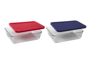 Pyrex Storage 6 Cup Rectangular Dish, Clear with Red + Blue Plastic Lids, Pack of 2 Containers