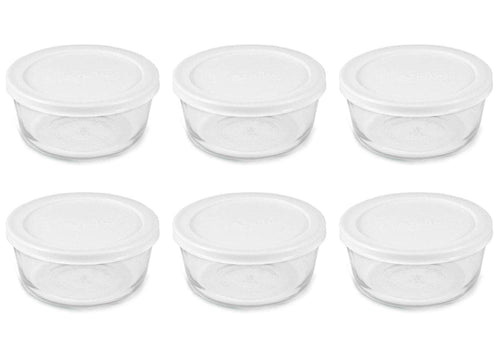 Pyrex Basics Clear Glass Food Storage Dishes, 6 (1-Cup) Round Dishes with White Plastic Lids