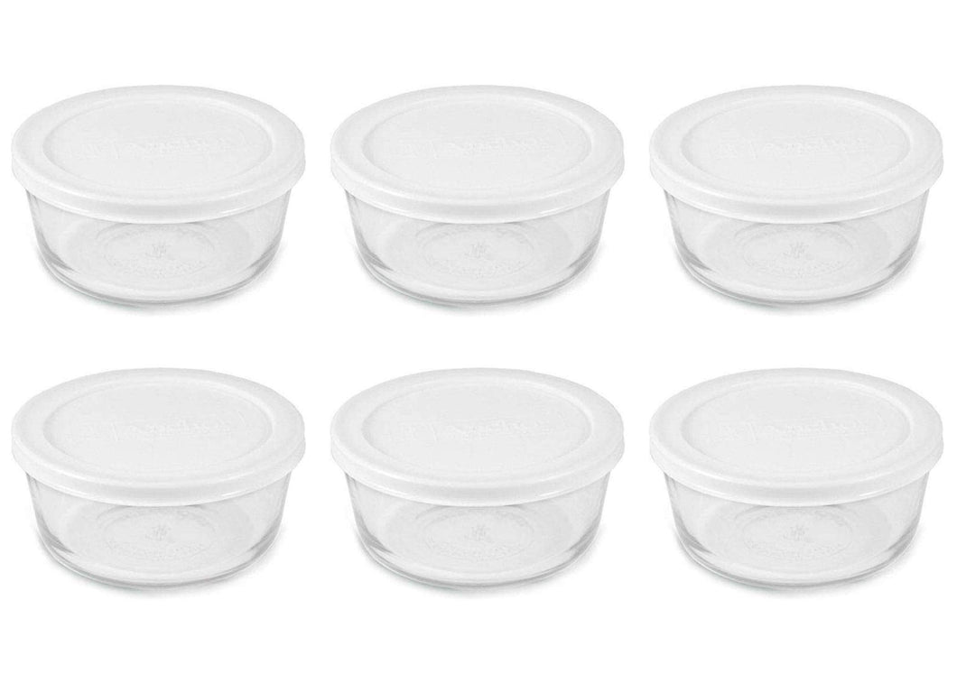 Pyrex Basics Clear Glass Food Storage Dishes, 6 (1-Cup) Round Dishes with White Plastic Lids