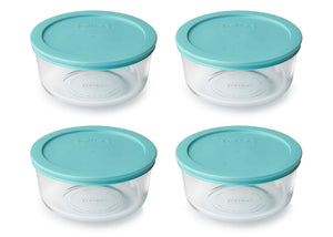 Pyrex Storage 4 Cup Round Dish, Clear with Turquoise Plastic Lids, Pack of 4 Containers