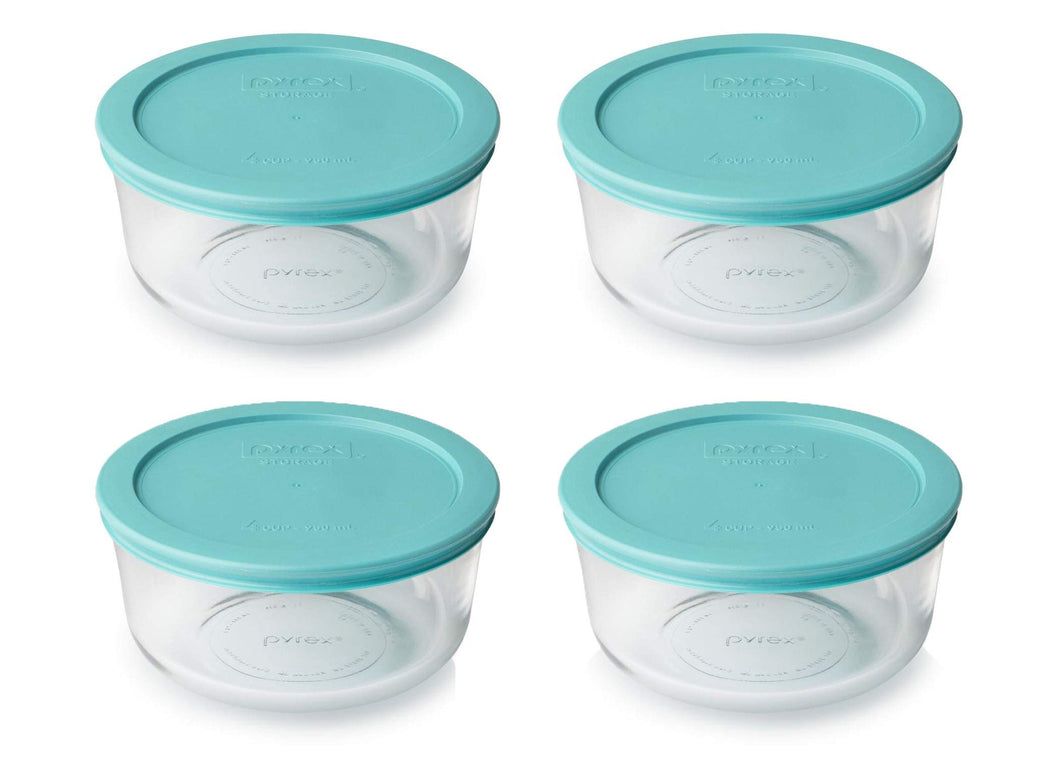 Pyrex Storage 4 Cup Round Dish, Clear with Turquoise Plastic Lids, Pack of 4 Containers