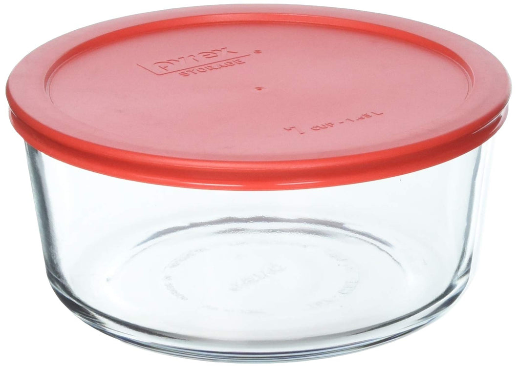 Pyrex COMINHKR090077 7 Cup Storage Capacity Plus Round Dish with Plastic Cover Sold in Packs of 4, Pack of 4, red