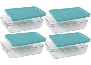 Pyrex Basics Clear Glass Food Storage Dishes, 4 (3-Cup) Oblong Dishes with Turquoise Plastic Lids