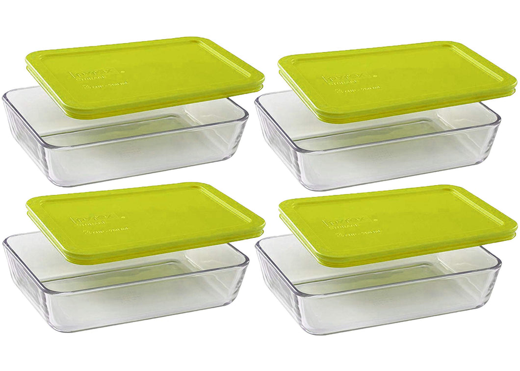 Pyrex Basics Clear Glass Food Storage Dishes, 4 (3-Cup) Oblong Dishes with Edamame Green Plastic Lids