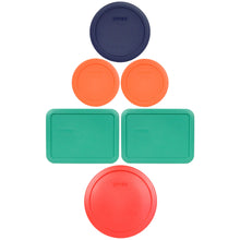 Load image into Gallery viewer, Pyrex (1) 7402-PC 6/7 Cup Red (2) 7210-PC 3 Cup Light Green (1) 7201-PC 4 Cup Blue (2) 7200-PC 2 Cup Orange Food Storage Lids