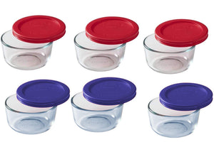 Pyrex Storage 1 Cup Round Dish, Clear with Red + Blue Lids, Pack of 6 Containers