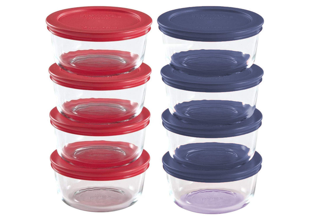 Pyrex Storage 1 Cup Round Dish, Clear with Red + Blue Lids, Pack of 8 Containers