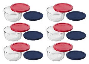 Pyrex Storage 4 Cup Round Dish, Clear with Red & Blue Lids, Pack of 6 Containers & 12 Lids