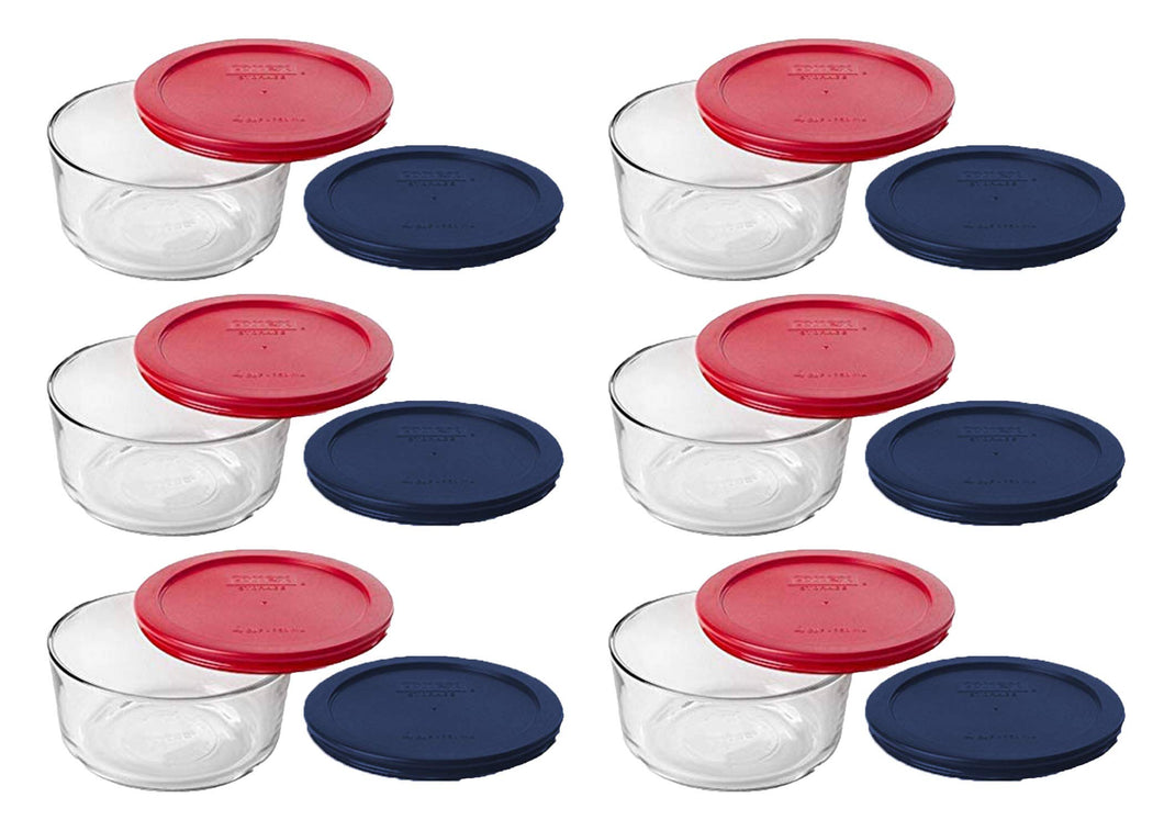 Pyrex Storage 4 Cup Round Dish, Clear with Red & Blue Lids, Pack of 6 Containers & 12 Lids