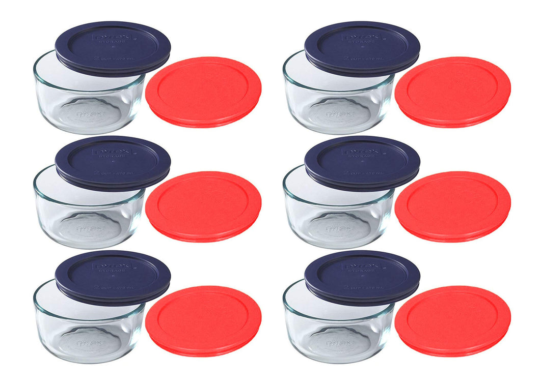 Pyrex Storage 2 Cup Round Dish, Clear with Red & Blue Lids, Pack of 6 Containers & 12 Lids