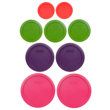 Load image into Gallery viewer, Pyrex (2) 7402-PC 6/7 Cup Fuchsia (2) 7201-PC 4 Cup Purple (3) 7200-PC 2 Cup Lawn Green (2) 7202-PC 1 Cup Red Replacement Food Storage Lids