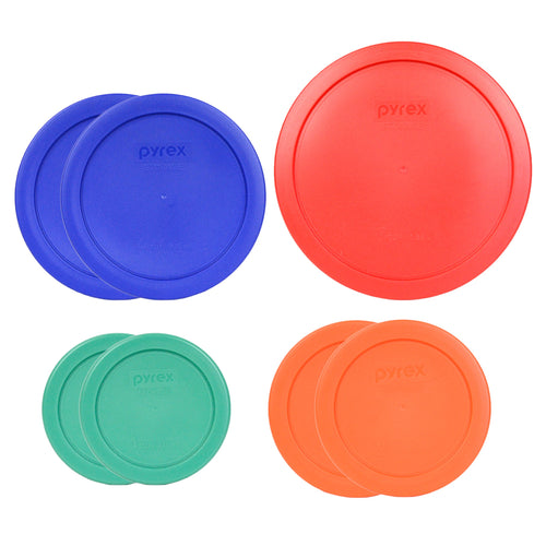 Pyrex (1) 7402-PC 6/7 Cup Red (2) 7201-PC 4 Cup Cobalt Blue (2) 7200-PC 2 Cup Orange (2) 7202-PC 1 Cup Green Food Storage Lids - 7 Pack